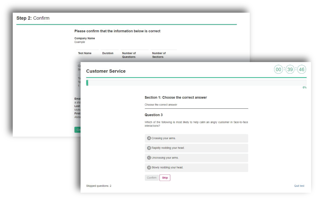Customer service test screenshot